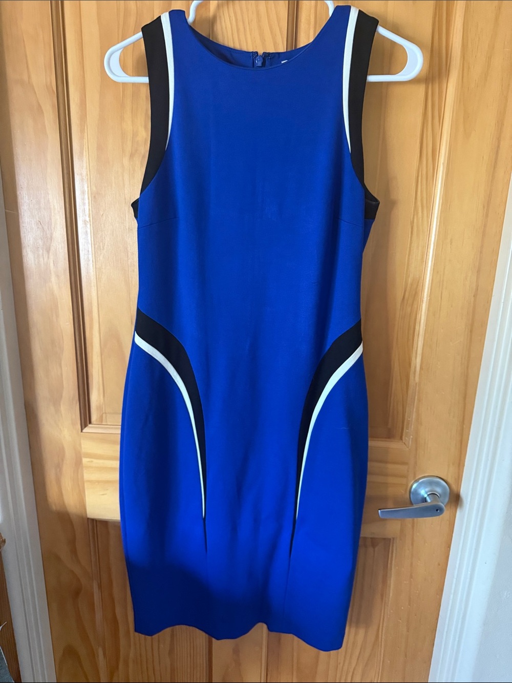 Sleek Royal Blue Sheath Dress with Black & White Accents
